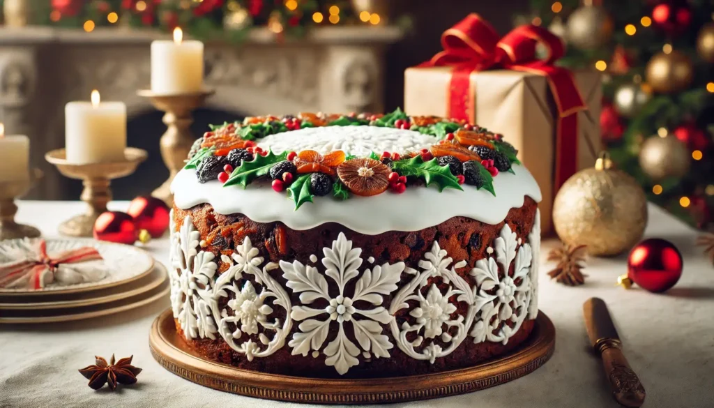 A traditional English Christmas cake, covered in white royal icing and decorated with icing holly leaves and berries. The dense cake is filled with dried fruits and nuts, set against a festive holiday table.