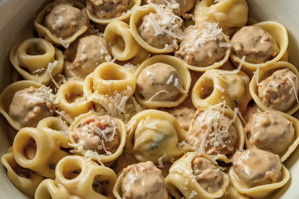 A close-up of tortelli and tortellini pasta served in a creamy sauce, topped with grated Parmesan cheese. The stuffed pasta showcases a rich, indulgent Italian dish.