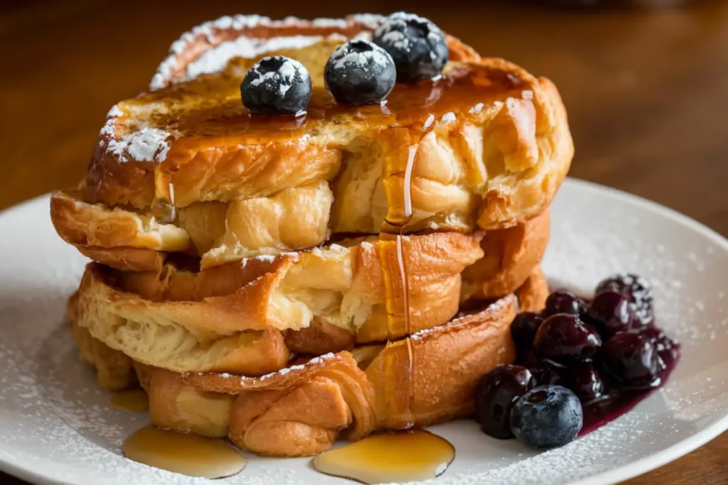 Croissant French toast topped with syrup and fresh blueberries, served with a side of berry compote on a white plate.