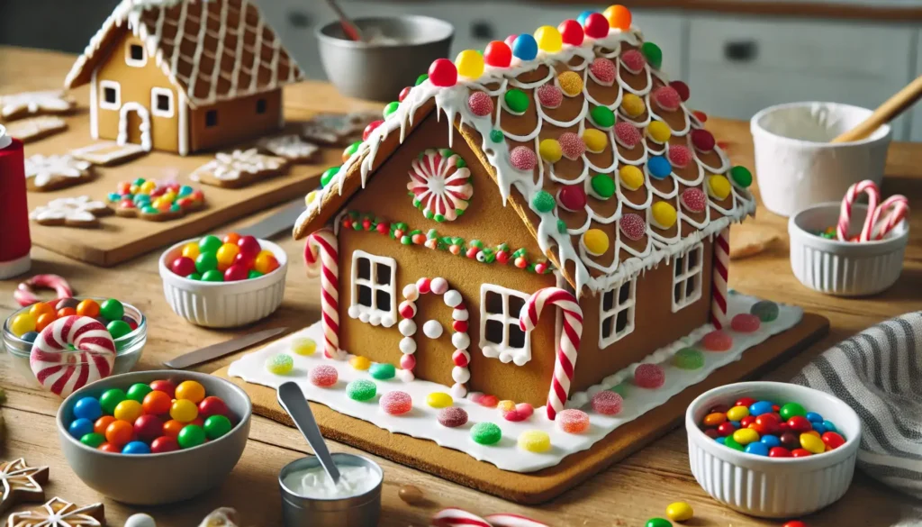 decorated gingerbread house, with colorful candies like gumdrops, candy canes, and M&Ms being applied to the roof and walls. Icing details