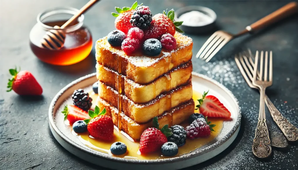 A tower of four French toast slices stacked on a plate, topped with powdered sugar, fresh berries, and a drizzle of maple syrup.