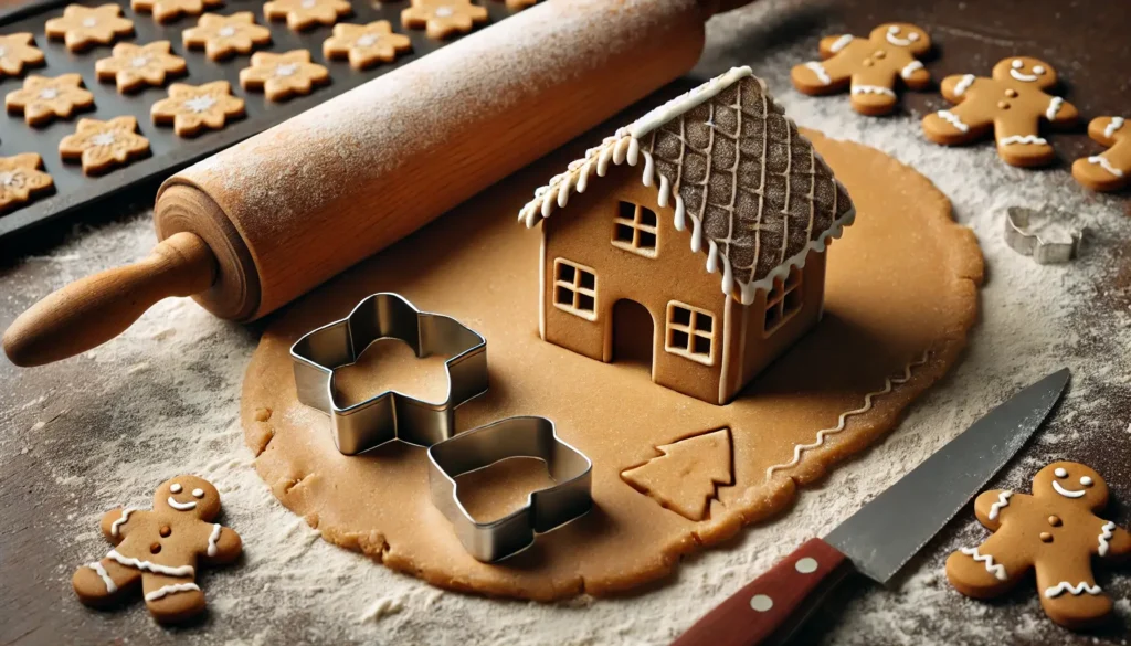 gingerbread dough rolled out on a floured surface, with cookie cutters creating the shapes for the gingerbread house walls and roof. A r