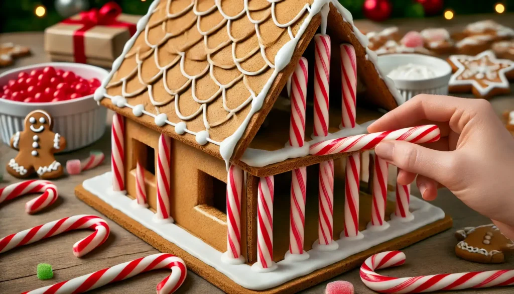 gingerbread house being reinforced with extra royal icing along the seams. Candy canes are used as internal supports, holding up the walls.