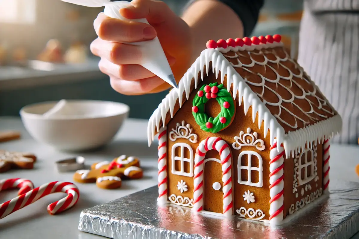 A close-up of a gingerbread house being reinforced with royal icing on the seams. The roof is taken off, and the house is partially decorated with candy canes and a festive wreath.