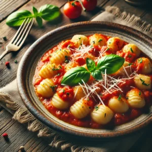 A plate of soft gnocchi served with rich tomato sauce, topped with grated Parmesan cheese and garnished with fresh basil leaves, set on a rustic wooden table.