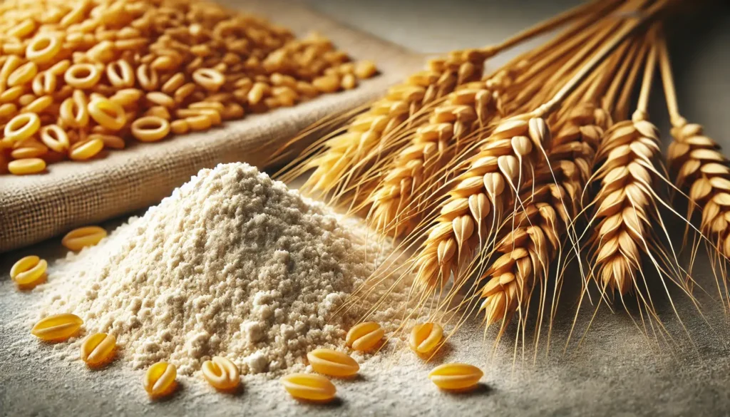 Close-up of durum wheat grains and semolina flour, the primary ingredients used to make linguine pasta.