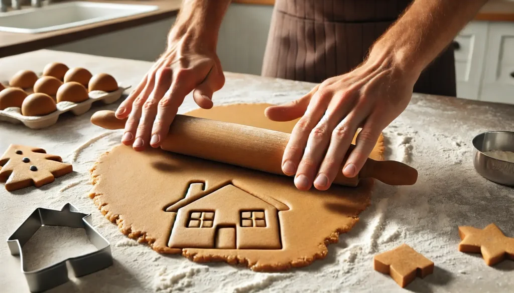 hands rolling out thick construction gingerbread dough on a floured surface with a rolling pin. The dough is about ¼ inch thick.