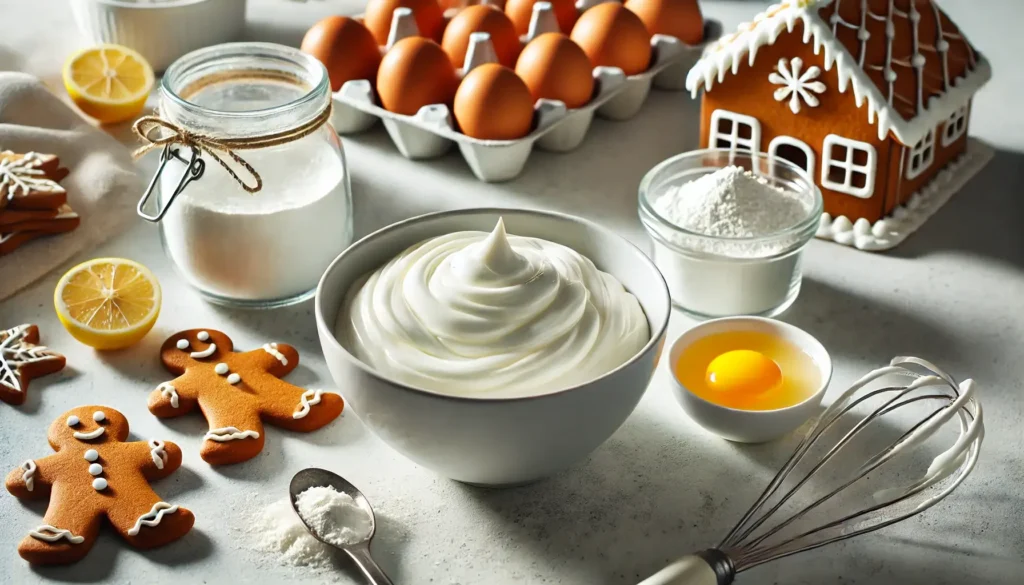 icing being mixed in a bowl, with powdered sugar, egg whites, and lemon juice nearby. The icing is thick and ready to be used as glue