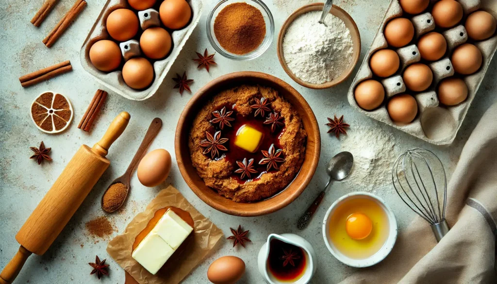 ingredients for gingerbread dough, showing a bowl with butter, brown sugar, molasses, and eggs. Flour and spices like cinnamon