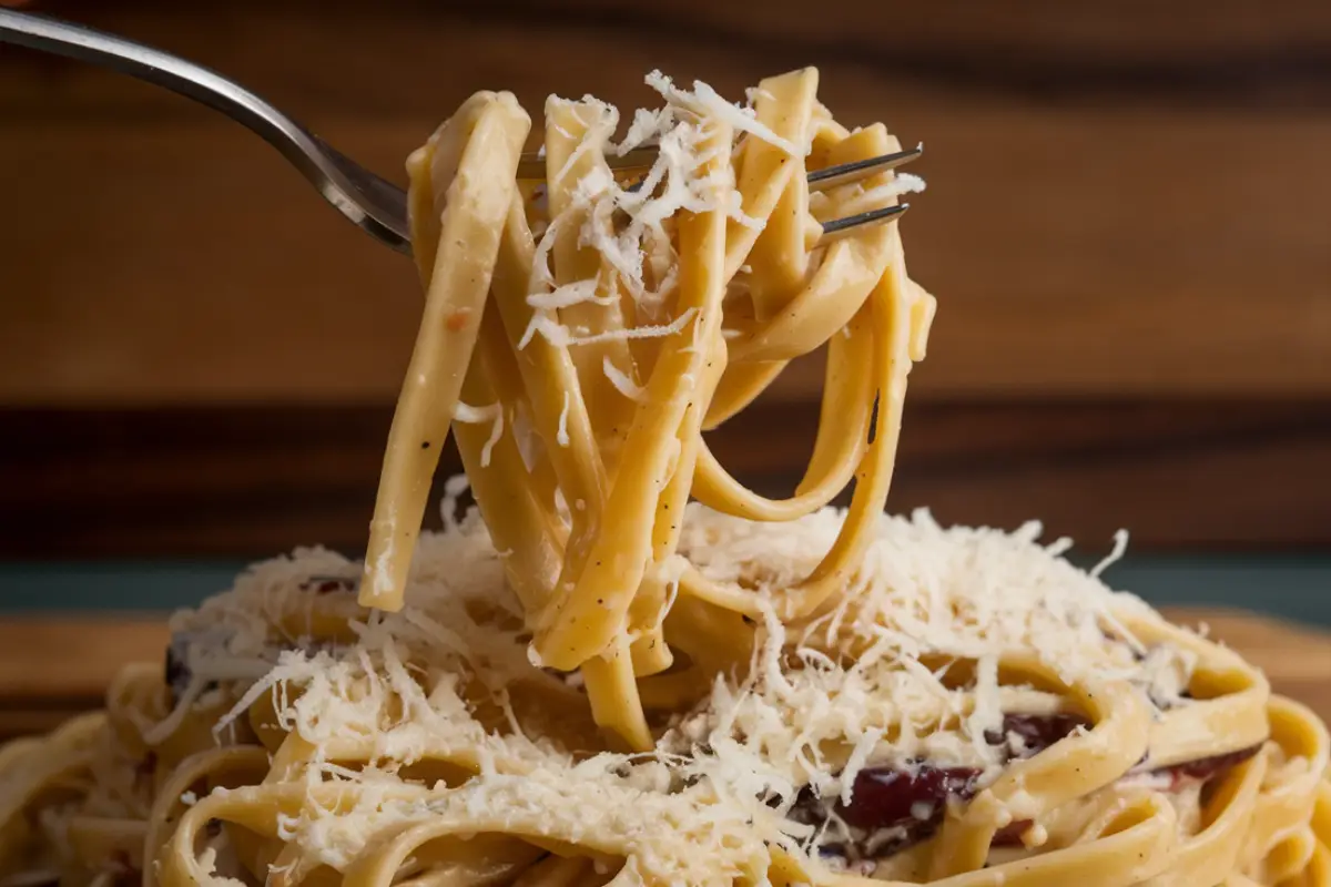 A close-up of a fork twirling linguine pasta covered in creamy sauce, topped with grated Parmesan cheese.