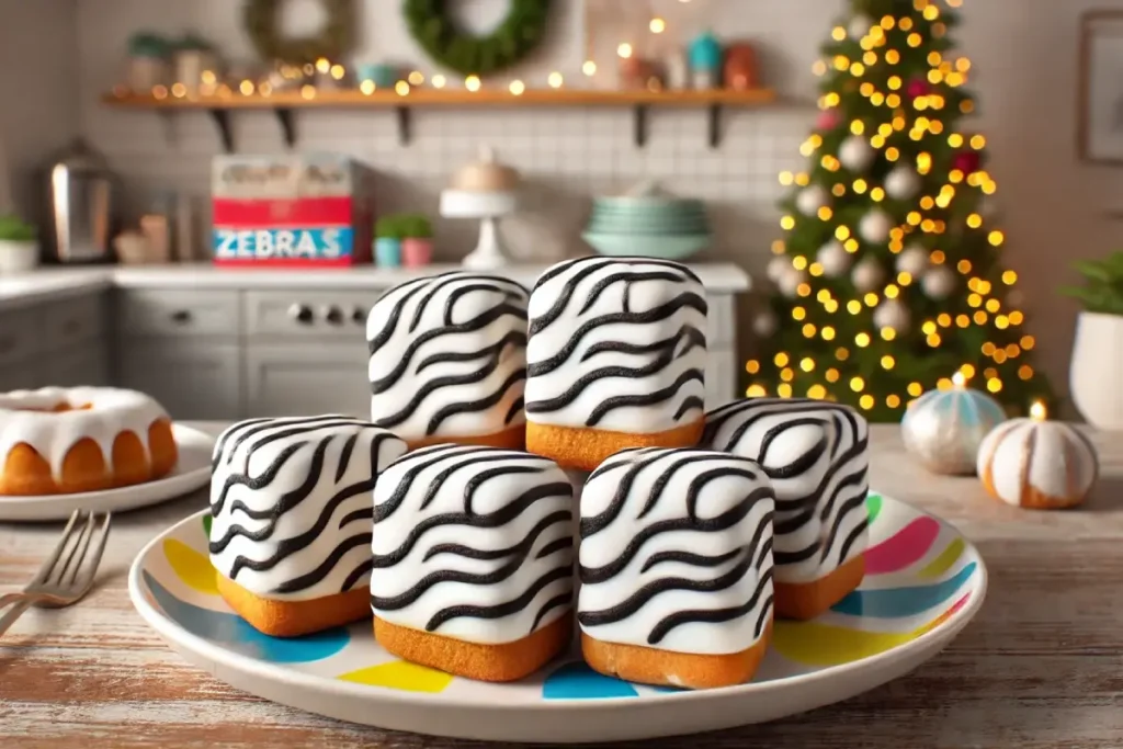 Close-up of Little Debbie zebra cakes with white icing and black stripes, neatly arranged on a colorful plate in a modern kitchen setting.