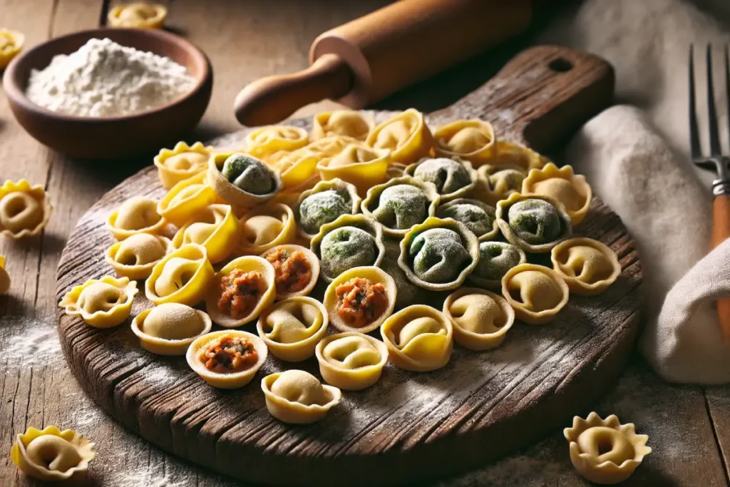 Hands rolling out pasta dough and filling it to make tortellini and tortelloni, with a rolling pin and pasta cutter visible in a warm kitchen setting.