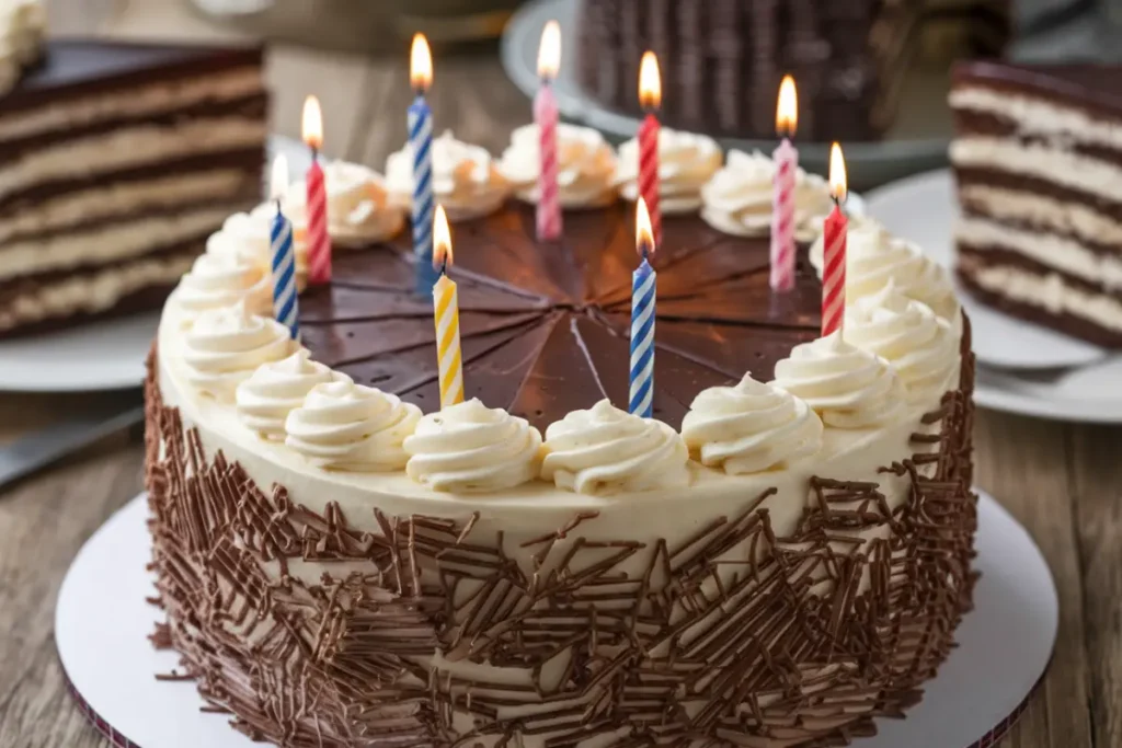 A beautifully decorated vanilla birthday cake with colorful sprinkles and candles, representing the most common birthday cake flavor.