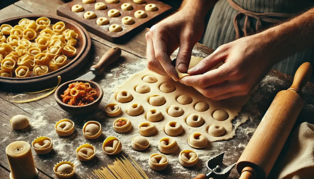 Hands shaping tortellini, also known as belly button pasta, on a floured wooden surface. The image includes pasta-making tools, dough, and finished tortellini, highlighting the artisanal preparation process.