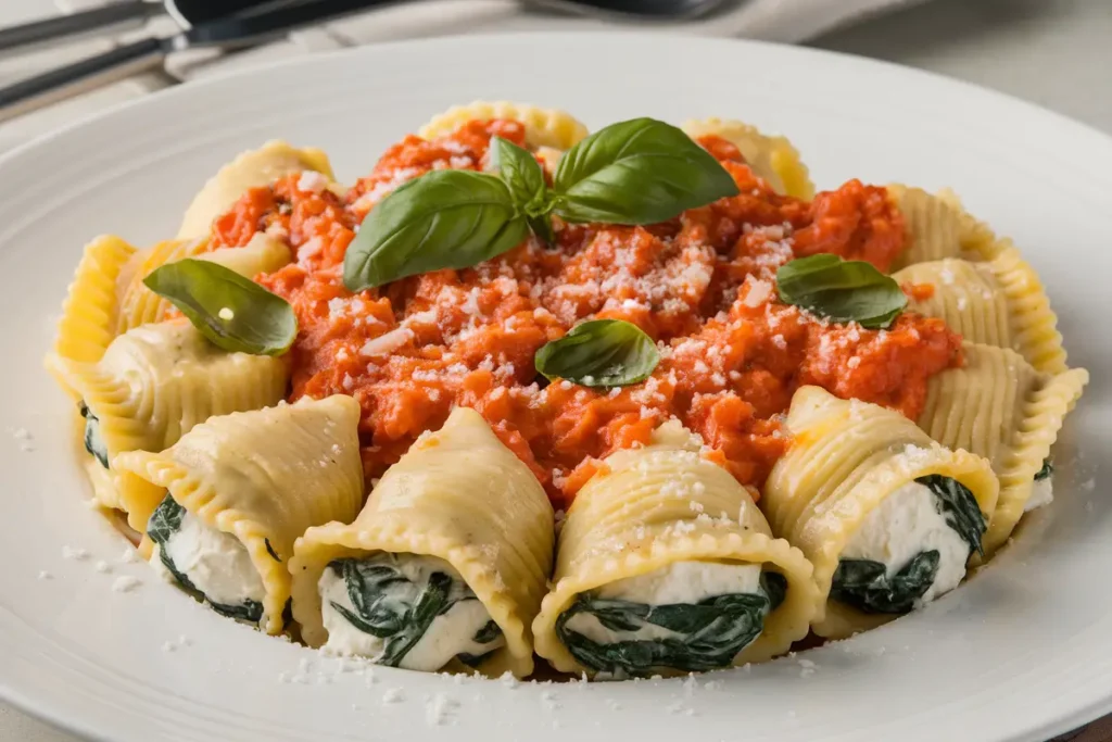 A plate of spinach and ricotta-filled large tortellacci arranged in a circle, served with a rich tomato sauce, garnished with fresh basil leaves and grated Parmesan cheese.