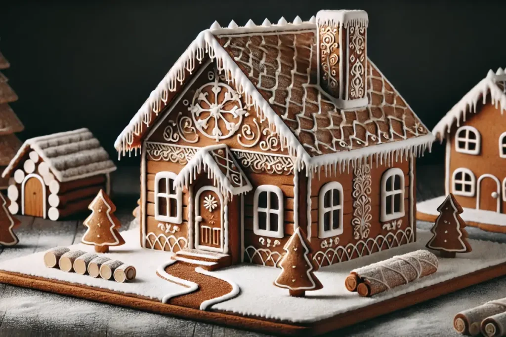 A sturdy gingerbread house with intricate white icing designs on the walls and roof, sitting on a snowy surface with cookie logs, surrounded by festive decorations.