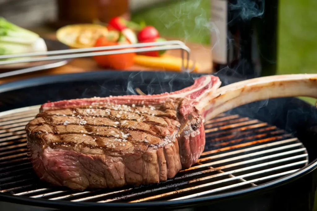 Juicy tomahawk steak grilling on a barbecue, seasoned with coarse salt