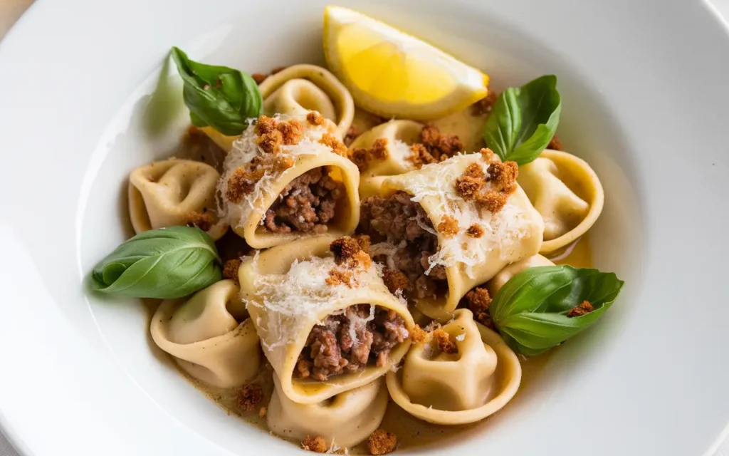 A plate of tortelli and tortellini stuffed with meat, served with grated Parmesan, crispy breadcrumbs, fresh basil, and a lemon wedge for garnish.