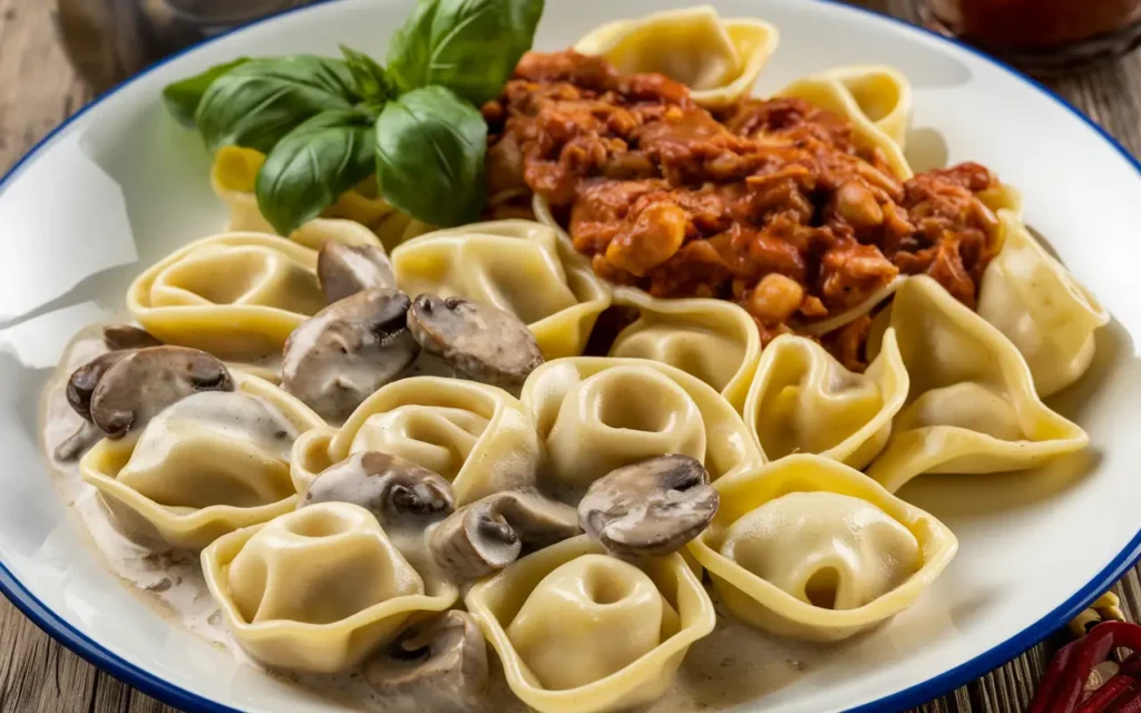 A plate of tortellini, meaning "belly button" in Italian, served with creamy mushroom sauce and tomato meat sauce, garnished with fresh basil.