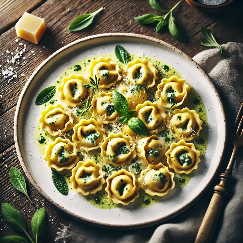 A plate of tortellini served in a butter and sage sauce, garnished with fresh herbs and topped with grated Parmesan cheese, set on a rustic wooden table.