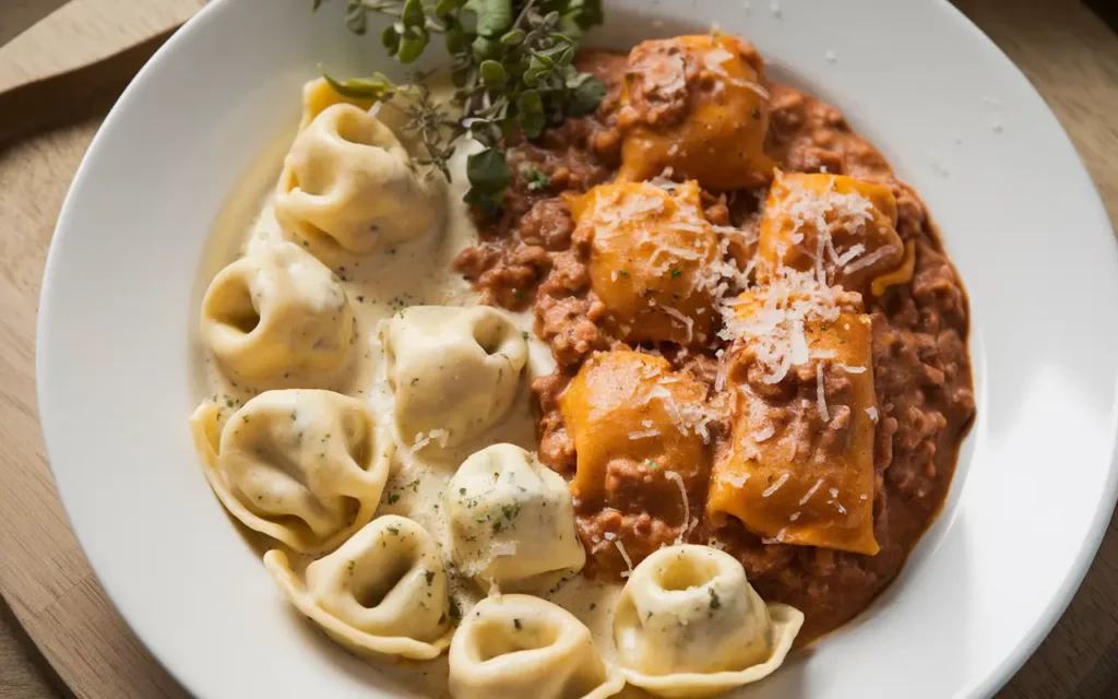 A plate of tortellini served in a creamy sauce alongside cappellacci with rich Bolognese sauce, garnished with fresh herbs and Parmesan cheese.