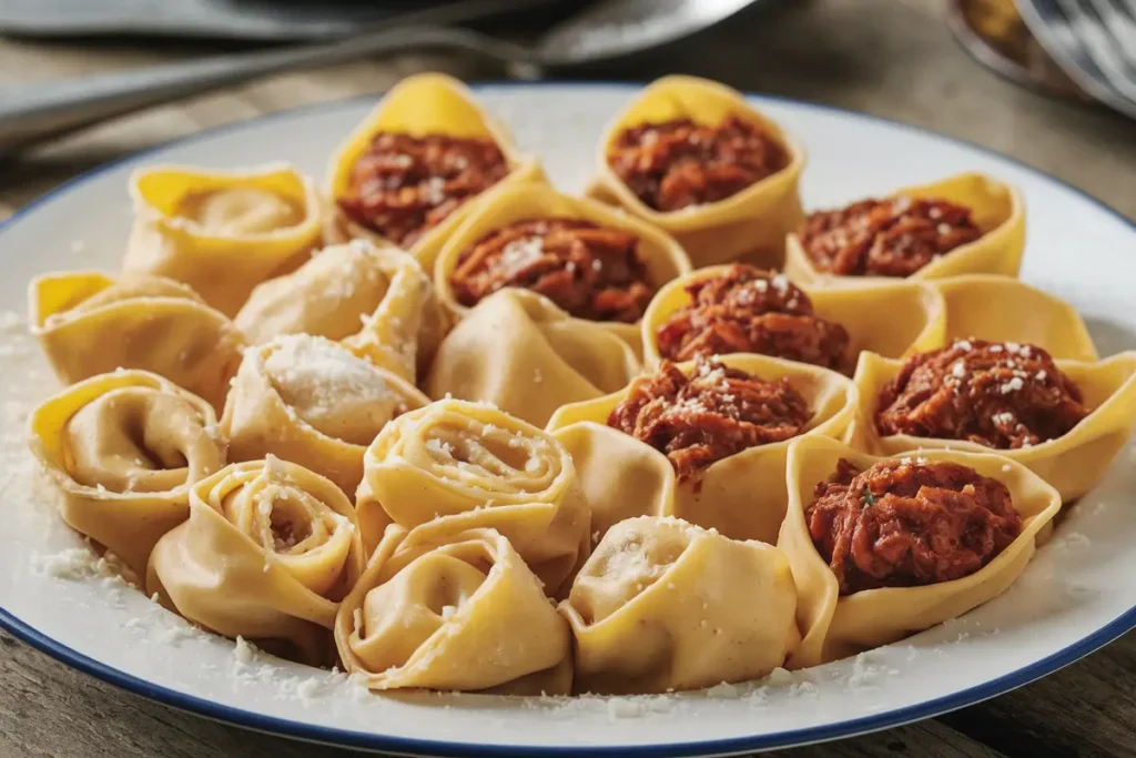 A plate of tortellini and cappellacci pasta, with tortellini filled with cheese and cappellacci filled with a rich meat sauce, sprinkled with Parmesan cheese.