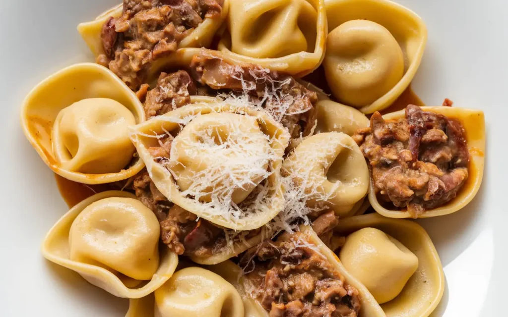 A plate of tortellini and cappellacci pasta served with a rich meat sauce and topped with grated Parmesan cheese, highlighting two types of traditional Italian stuffed pasta.