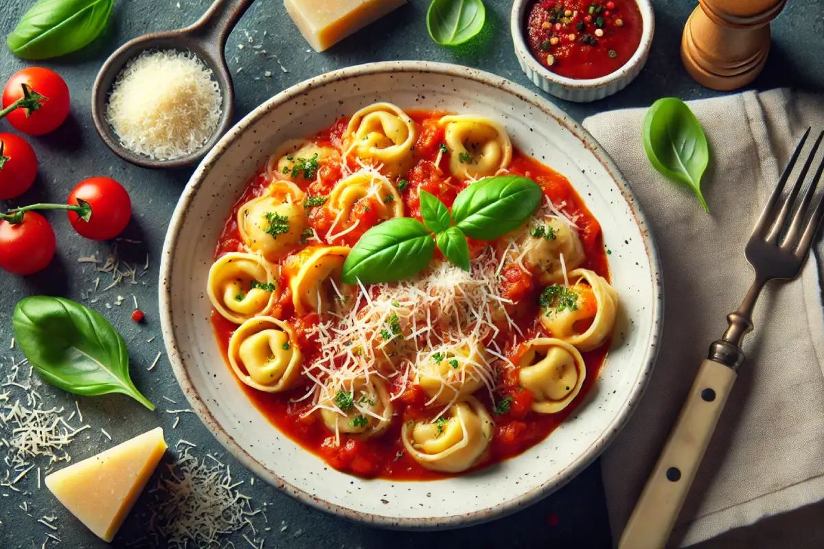 A dish of tortellini stuffed with cheese and herbs, served in a rich tomato sauce, topped with grated Parmesan cheese, and garnished with fresh basil leaves.