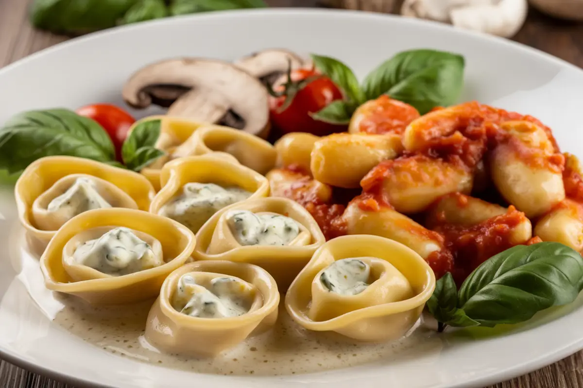 A plate featuring tortellini in a creamy sauce alongside gnocchi in a rich tomato sauce, garnished with fresh basil, mushrooms, and cherry tomatoes.