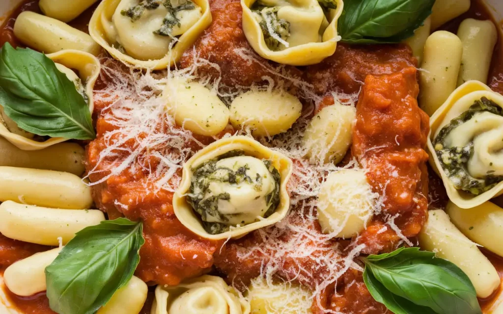 A vibrant plate of tortellini stuffed with spinach and ricotta, served with gnocchi in a rich tomato sauce, topped with grated Parmesan and garnished with fresh basil leaves.