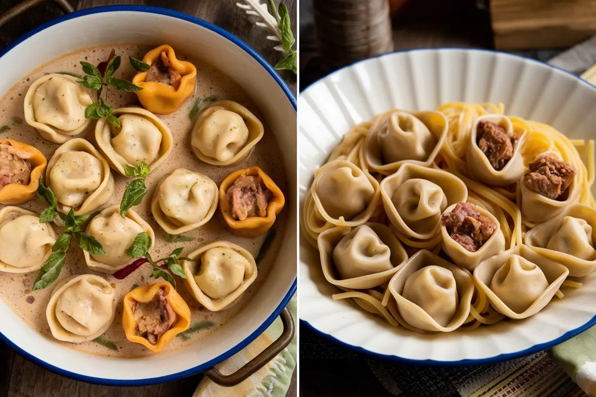 Two dishes showcasing tortellini and tortellacci. The left dish features tortellacci in a creamy sauce garnished with fresh herbs, while the right dish displays tortellini served over pasta with a meat filling.