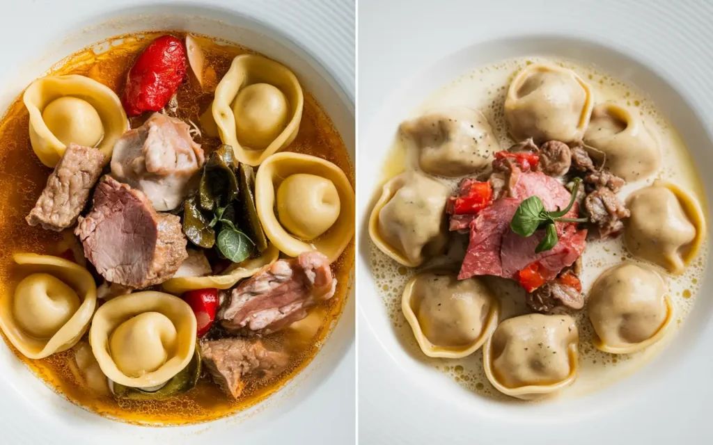 Two plates featuring tortellini and tortellacci dishes. The left plate shows tortellini served in a rich broth with tender meat, while the right plate presents tortellacci in a creamy sauce topped with slices of meat.