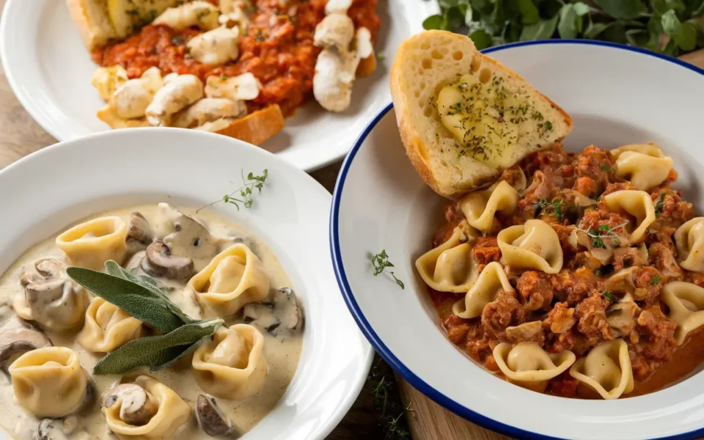 Three plates featuring different tortellini dishes: creamy mushroom tortellini garnished with sage, meat sauce tortellini served with garlic bread, and a tomato-based tortellini dish topped with melted cheese and mushrooms.