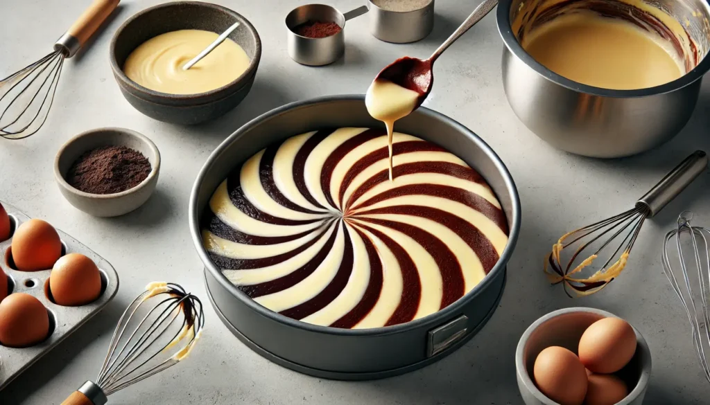 Step-by-step view of zebra cake batter layering process with alternating spoonfuls of vanilla and chocolate batter forming concentric rings in a round cake pan.