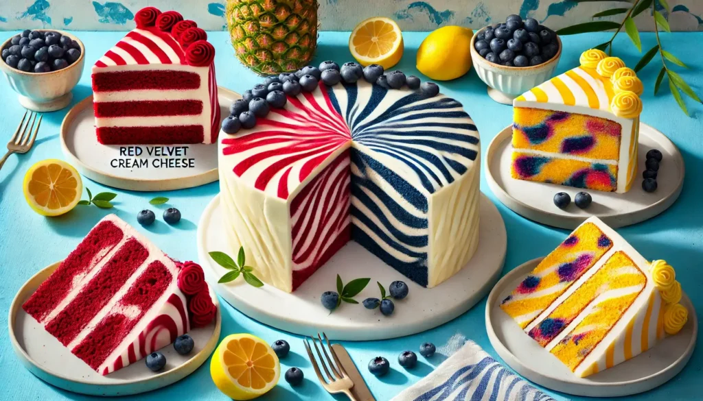 Colorful zebra cake variations featuring red velvet with cream cheese stripes and lemon-blueberry with yellow and purple stripes, sliced to reveal the zebra patterns inside.